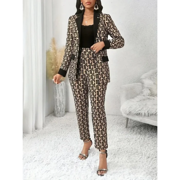 Kadın Uzun Kollu Yakalı Desenli Dalgıç Ceket Bluz Ve Pantolon üçlü Takım