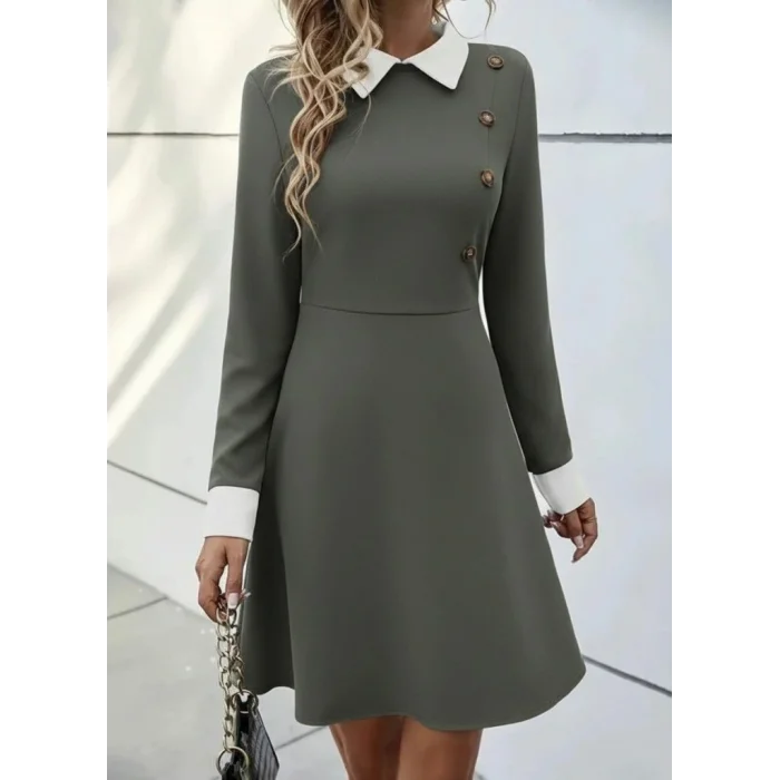 Kadın Uzun Kollu Yakalı Düğmeli çağla Yeşili Modal Mini Elbise