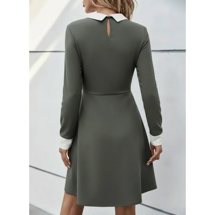 Kadın Uzun Kollu Yakalı Düğmeli çağla Yeşili Modal Mini Elbise