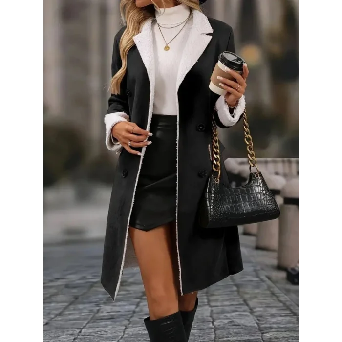 Kadın Uzun Kollu Yakalı Düğmeli Süet Mini Manto