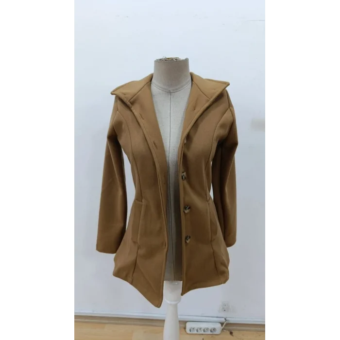 Kadın Uzun Kollu Yakalı önden Düğmeli Astarsız Ithal Kaşe Kahve Kaban