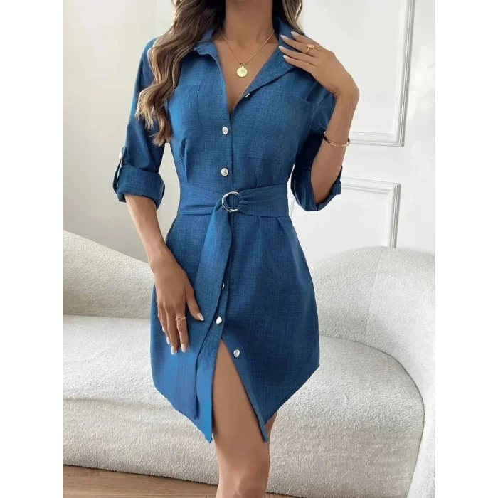 Kadın Uzun Kollu Yakalı önden Düğmeli Beli Kuşaklı Mini Ithal Keten Elbise