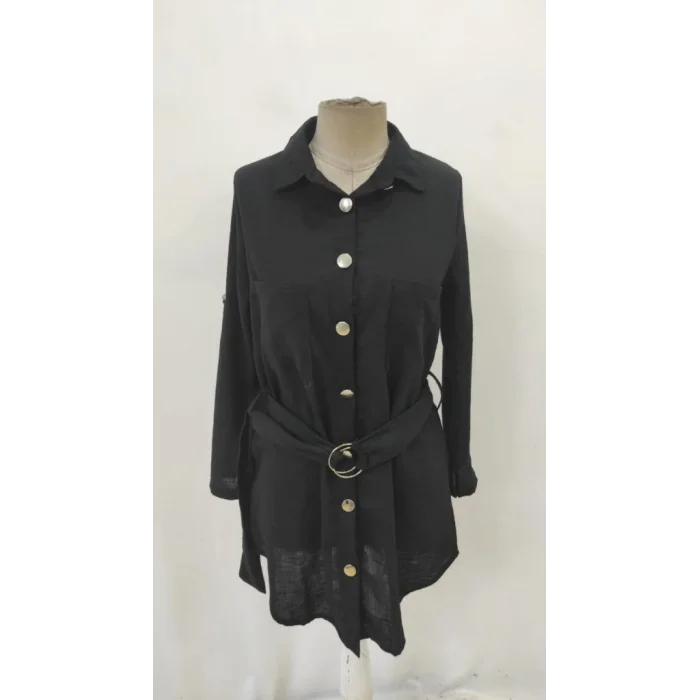 Kadın Uzun Kollu Yakalı önden Düğmeli Beli Kuşaklı Mini Ithal Keten Elbise