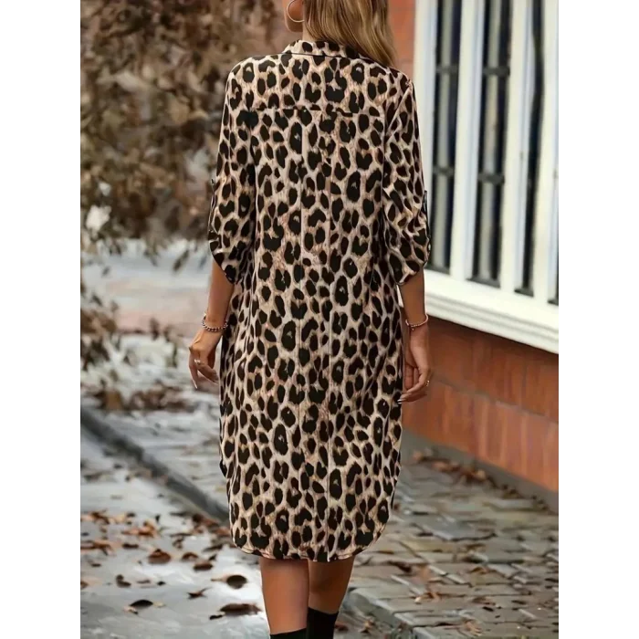 Kadın Uzun Kollu Yakalı önden Düğmeli Leopar Desenli Modal Midi Elbise