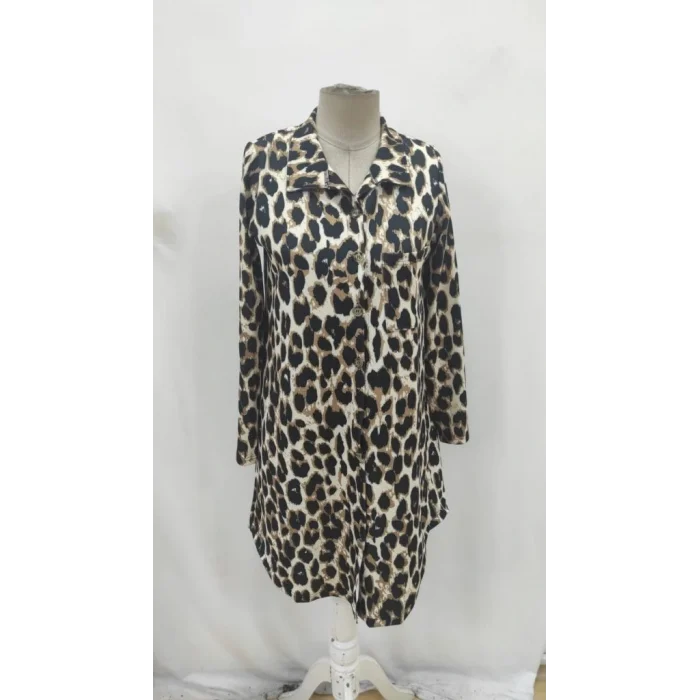 Kadın Uzun Kollu Yakalı önden Düğmeli Leopar Desenli Modal Midi Elbise