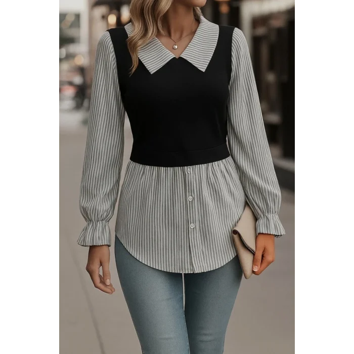 Kadın Uzun Kollu Yakalı önden Düğmeli Ottoman Bluz