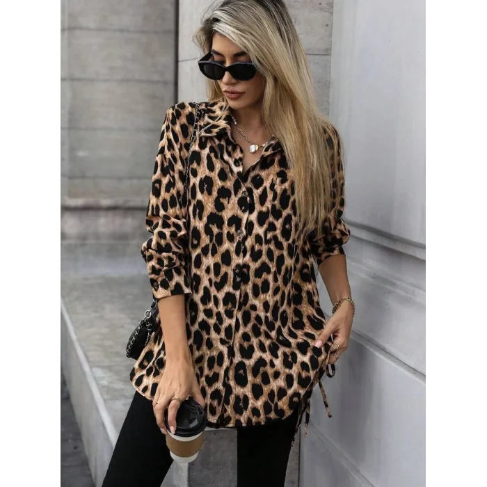 Kadın Uzun Kollu Yakalı önden Düğmeli Yandan Bağcıklı Leopar Desenli Modal Bluz