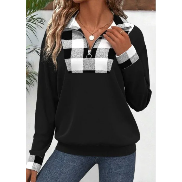 Kadın Uzun Kollu Yakalı önden Fermuarlı Ekose Detaylı Viskon Iki Iplik Bluz