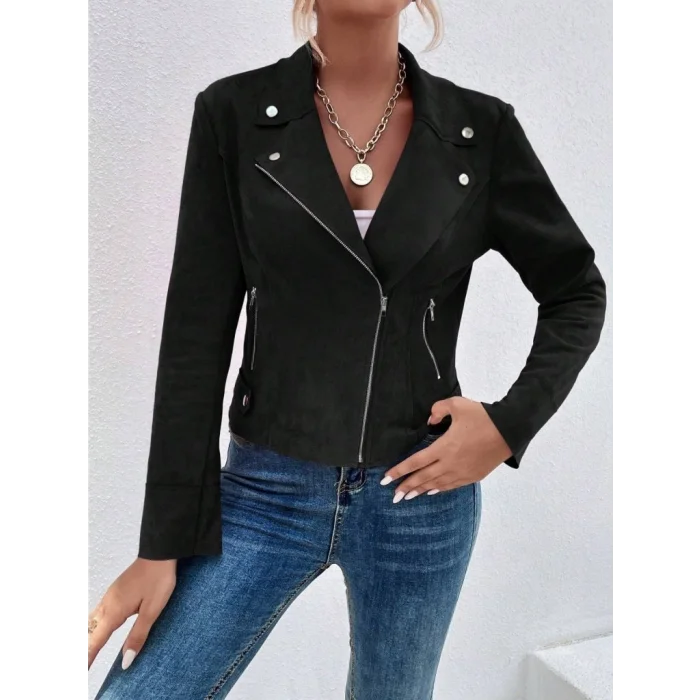 Kadın Uzun Kollu Yakalı önden Fermuarlı Kısa Süet Ceket