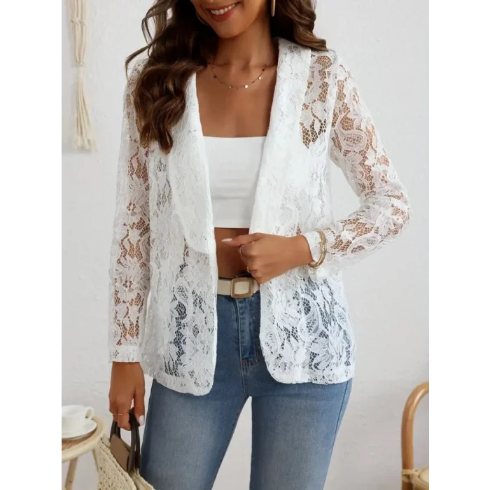Kadın Uzun Kollu Yakalı önü Açık Dantelli Ceket