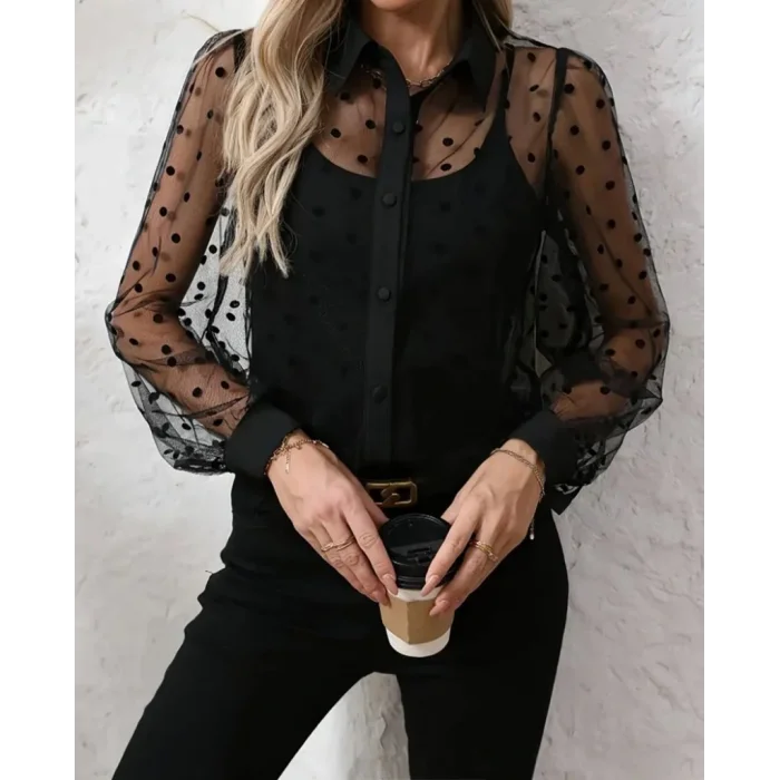 Kadın Uzun Kollu Yakalı şeffaf Tül Detaylı Ve Viskon Atlet Ikili Takım