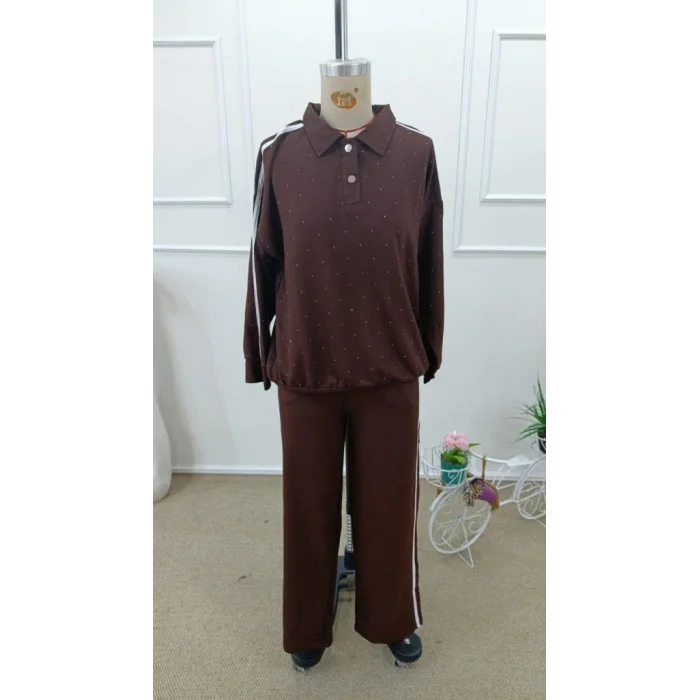 Kadın Uzun Kollu Yakalı şerit Detaylı Viskon Iki Iplik Bluz Ve Pantolon Ikili Takım