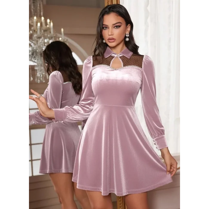 Kadın Uzun Kollu Yakalı Tül Detaylı Incili Mini Kadife Elbise