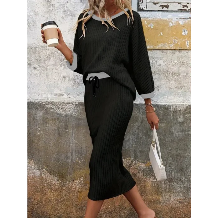 Kadın Uzun Kollu Yakası Açık şardonlu Kaşkorse Bluz Ve Eteği Bağcıklı Ikili Takım