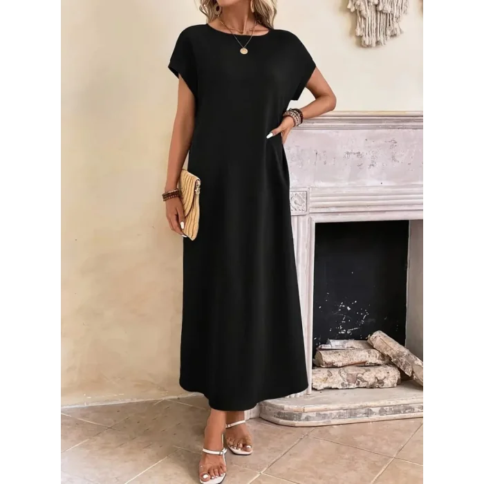 Kadın Uzun Kollu Yakası Açık Viskon Elbise