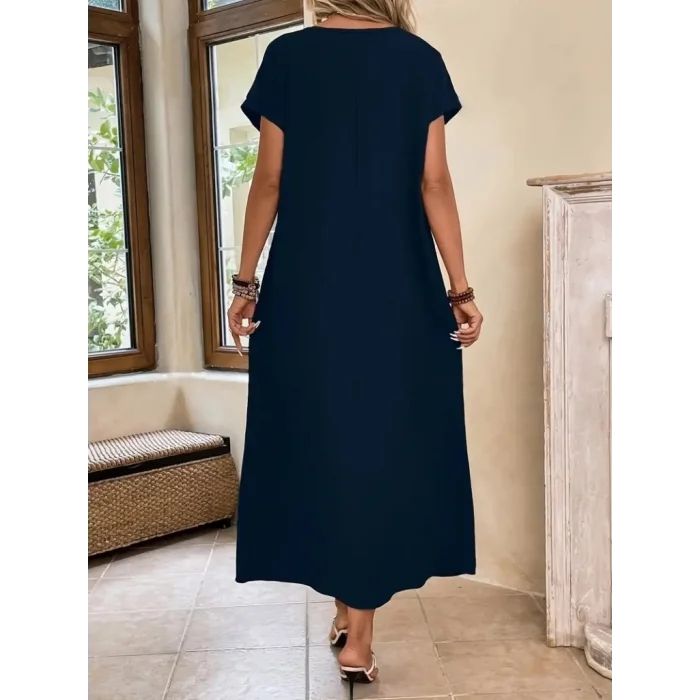 Kadın Uzun Kollu Yakası Açık Viskon Elbise