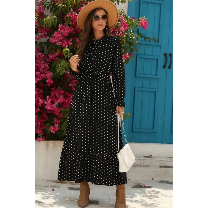 Kadın Uzun Kollu Yakası Bağcıklı Uzun Puantiyeli Krep Maxi Elbise