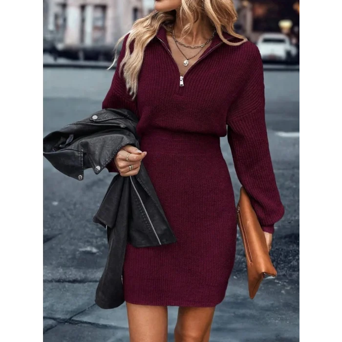 Kadın Uzun Kollu Yakası Fermuarlı Mini Triko Elbise