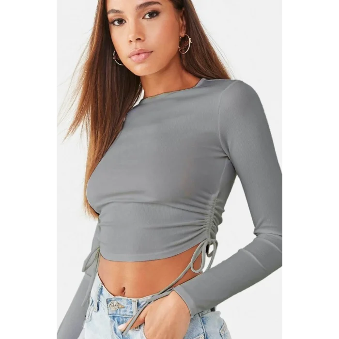 Kadın Uzun Kollu Yanlar Büzgü Detay Kaşkorse Crop