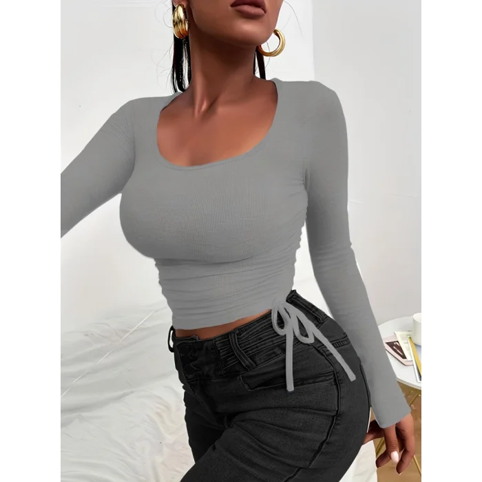 Kadın Uzun Kollu Yanlar Büzgü Detay Kaşkorse Crop