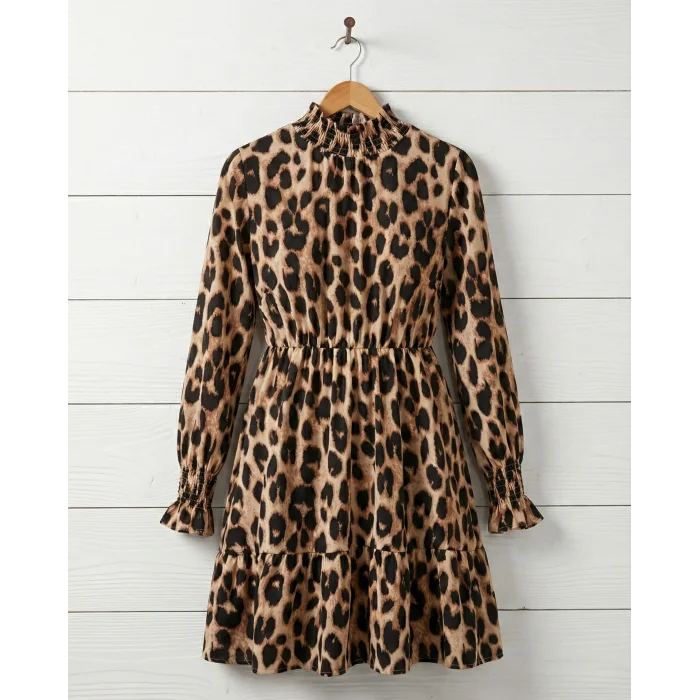 Kadın Uzun Kollu Yarı Balıkçı Yaka Leopar Desenli Modal Mini Elbise