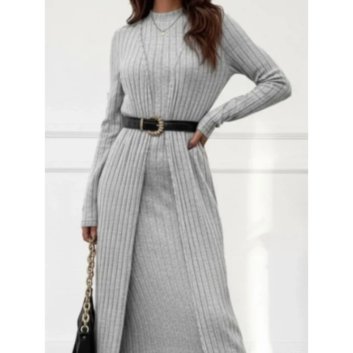 Kadın Uzun Kollu Yarı Balıkçı Yaka şardonlu Kaşkorse Elbise Ve Uzun Hırka Ikili Takım