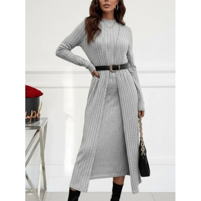 Kadın Uzun Kollu Yarı Balıkçı Yaka şardonlu Kaşkorse Elbise Ve Uzun Hırka Ikili Takım