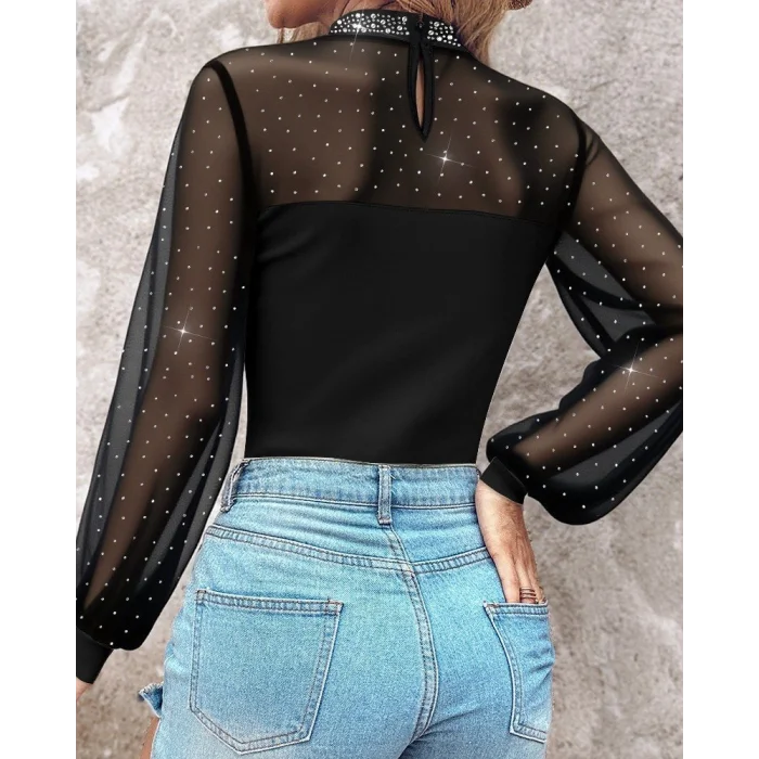 Kadın Uzun Kollu Yarı Balıkçı Yaka Taşlı Sandy Bluz