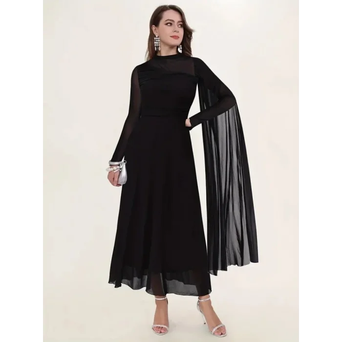 Kadın Uzun Kollu Yarı Balıkçı Yaka Tül Detaylı Uzun Sandy Elbise