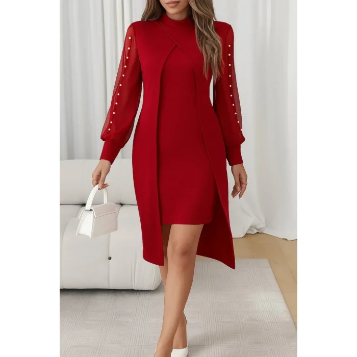 Kadın Uzun Kollu Yarı Balıkçı Yaka Tül Ve Inci Detaylı Kısa Ithal Krep Midi Elbise