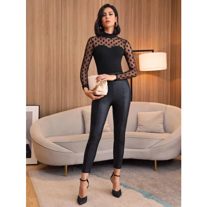 Kadın Uzun Kollu Yarı Balıkçı Yakalı Tül Detaylı Dalgıç Bluz