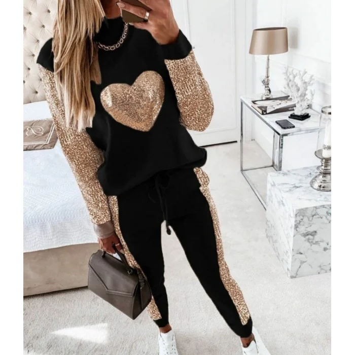 Kadın Uzun Kollu Yarım Balıkçı Yaka Pul Payet Detay Iki Iplik Ikili Takım