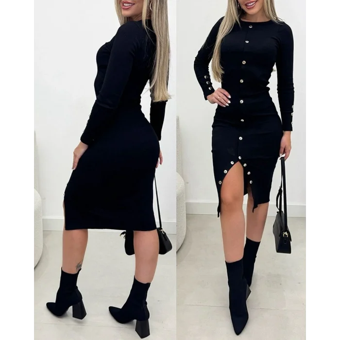 Kadın Uzun Kollu Yırtmaçlı Düğme Detaylı Midi Kaşkorse Elbise