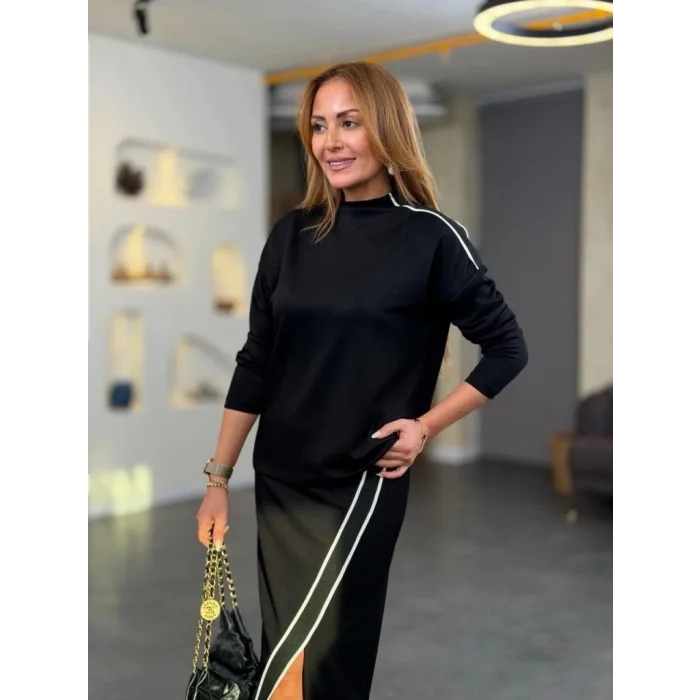 Kadın Uzun Kollu Yüksek Yakalı Yan şerit Detaylı Viskon Iki Iplik Bluz Ve Etek Ikili Takım