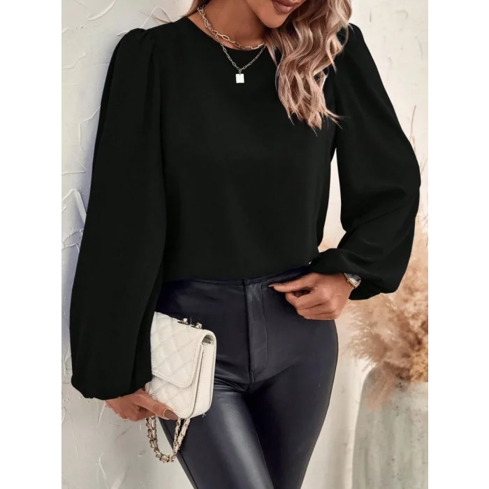 Kadın Uzun Kollu Yuvarlak Yaka Arkadan Bağcıklı Salaş Ithal Krep Bluz