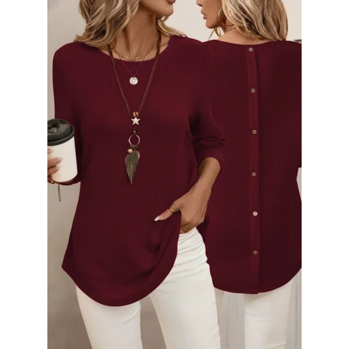 Kadın Uzun Kollu Yuvarlak Yaka Arkadan Düğmeli Waffle Bluz