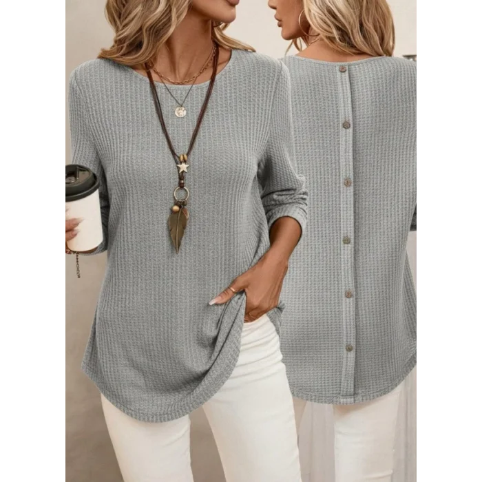 Kadın Uzun Kollu Yuvarlak Yaka Arkadan Düğmeli Waffle Bluz