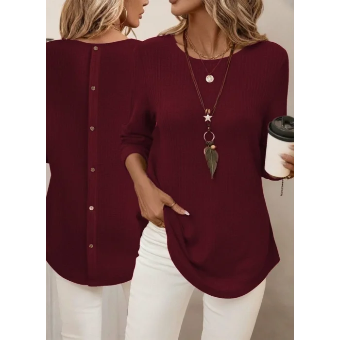 Kadın Uzun Kollu Yuvarlak Yaka Arkadan Düğmeli Waffle Bluz