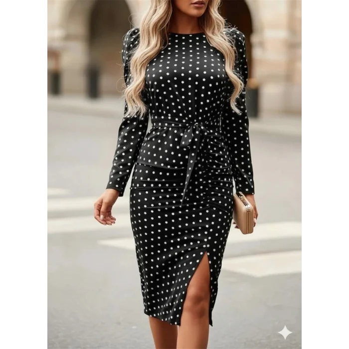 Kadın Uzun Kollu Yuvarlak Yaka Belden Kuşaklı önden Yırtmaçlı örme Krep Elbise