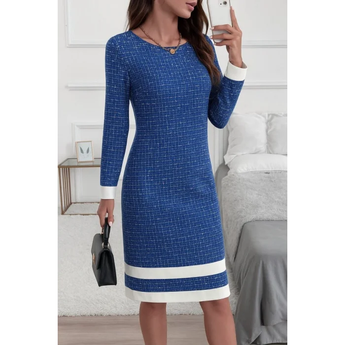 Kadın Uzun Kollu Yuvarlak Yaka Etek Ucu şerit Detaylı Mini Dokuma Elbise