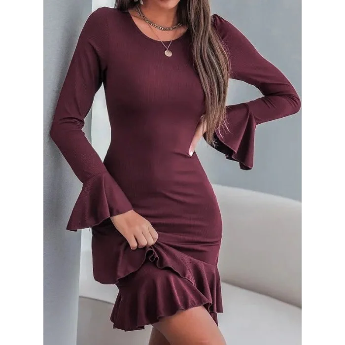 Kadın Uzun Kollu Yuvarlak Yaka Fırfırlı Kol Ucu Volanlı Janjan Krep Mini Elbise