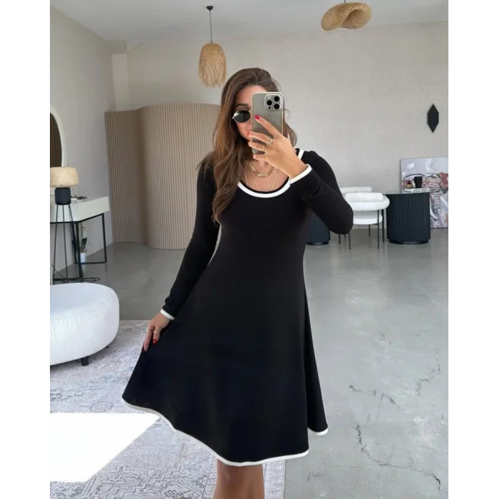 Kadın Uzun Kollu Yuvarlak Yaka Midi Viskon Iki Iplik Elbise