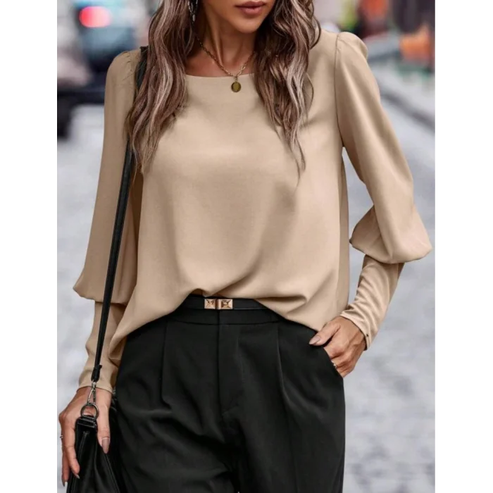 Kadın Uzun Kollu Yuvarlak Yakalı Düğmeli Ithal Krep Bluz