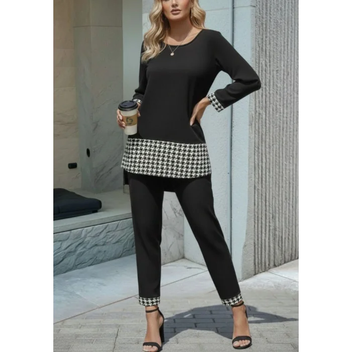 Kadın Uzun Kollu Yuvarlak Yakalı Kaz Ayağı Detaylı Viskon Iki Iplik Bluz Ve Pantolon Ikili Takım