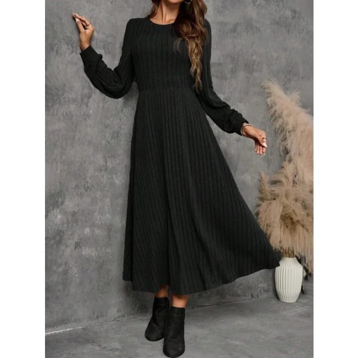 Kadın Uzun Kollu Yuvarlak Yakalı Kiloş Uzun şardonlu Kaşkorse Elbise