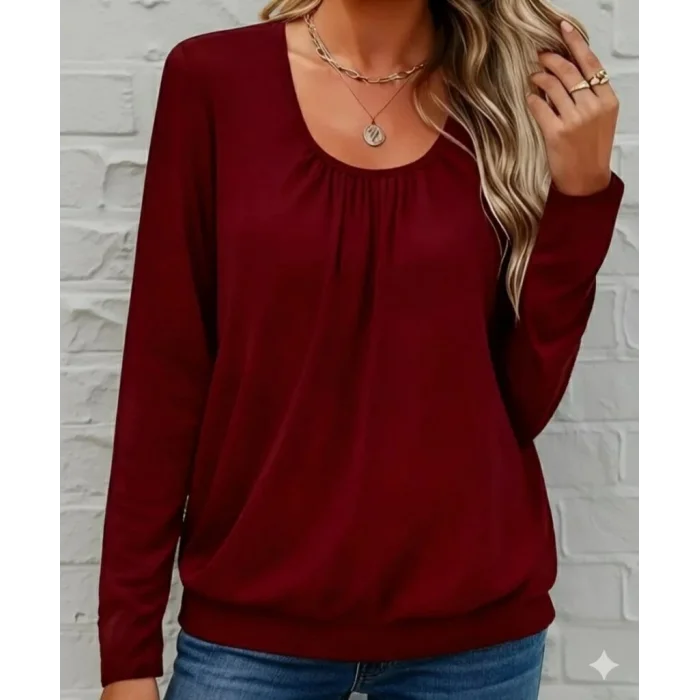 Kadın Uzun Kollu Yuvarlak Yakalı Viskon Bluz
