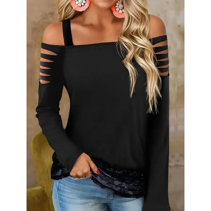 Kadın Uzun Lazer Kesik Detaylı Askılı Viskon Iki Iplik Bluz