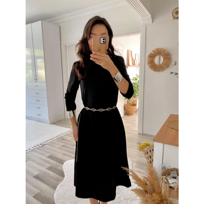 Kadın Uzun Truvakar Kol Bisiklet Yaka Midi Modal Elbise
