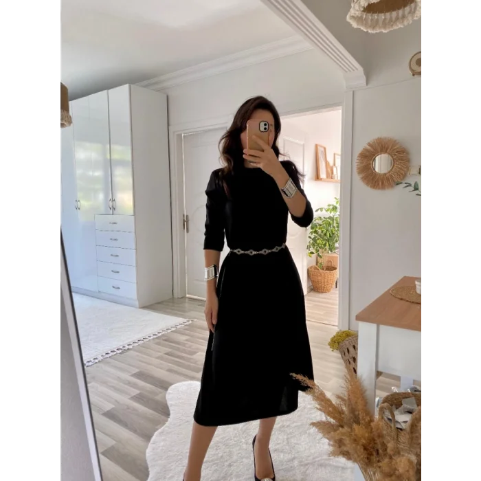 Kadın Uzun Truvakar Kol Bisiklet Yaka Midi Modal Elbise