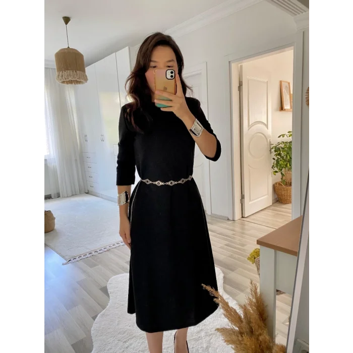 Kadın Uzun Truvakar Kol Bisiklet Yaka Midi Modal Elbise